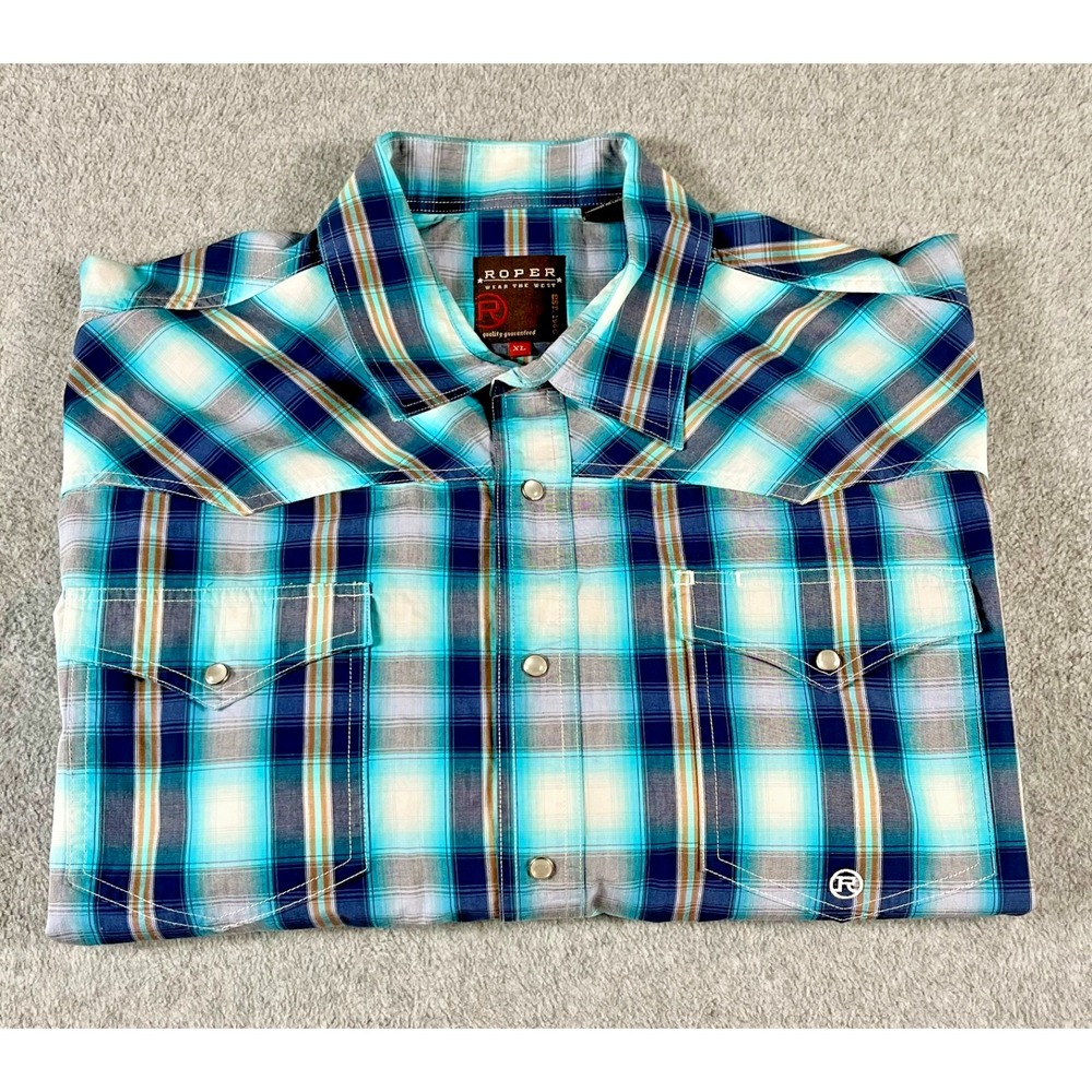 Roper Wear The West Pearl Snap Western Shirt Mens XL Long Sleeve Plaid Teal Blue